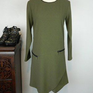 Cartise Olive Green Angular Hemline Long Sleeve Shift Dress, Size  US 4